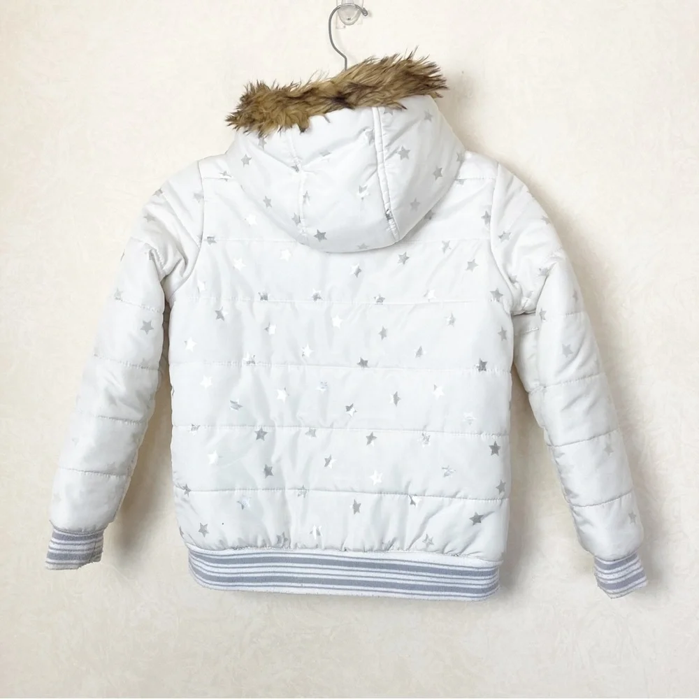 Gymboree White Star-Patterned Kids Jacket with Faux Fur Hood Girl Size 10